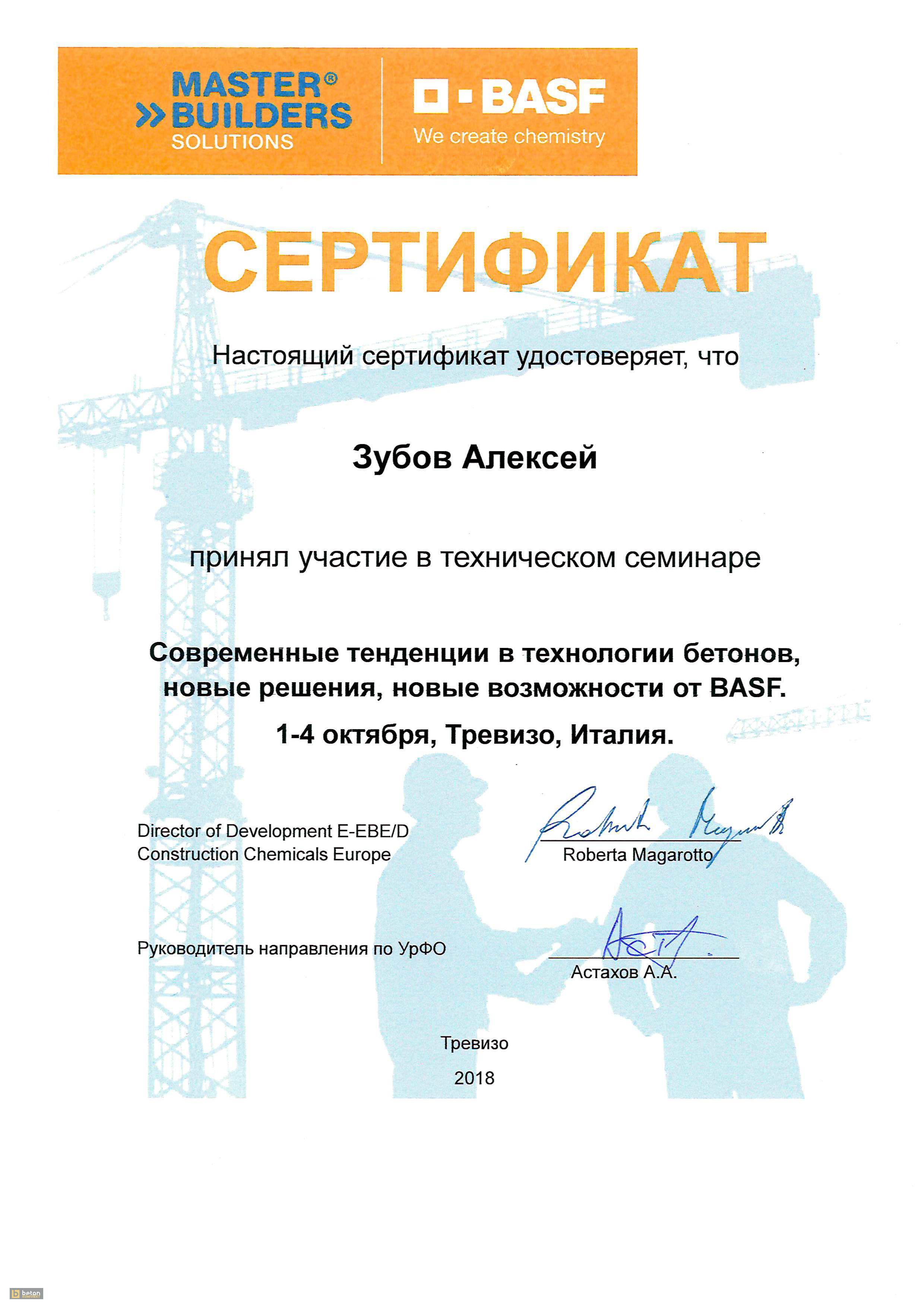 Сертификат об участии в семинаре BASF